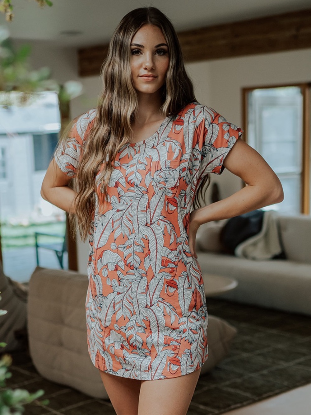 NWT Cariloha Women's Bamboo Sleep V-neck Shirt in Blush Foliage Print Size XS